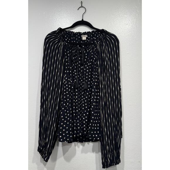 Billabong Black Mixed Print Stripe Polka Dot Blouse Size Large Long Sleeve Boho - Picture 3 of 9